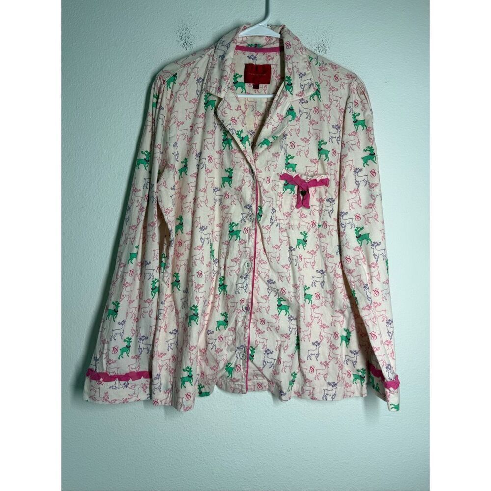 Victoria’s Secret Women’s Pajama Button Down Top Flannel Reindeer Print Sz L